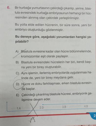 6.
Bir kurbağa yumurtasının çekirdeği çıkarılıp, yerine, blas-
tula evresindeki kurbağa embriyosunun herhangi bir hüc-
resinden alınmış olan çekirdek yerleştirilmiştir.
Bu yolla elde edilen hücrenin, bir süre sonra, yeni bir
embriyo oluşturduğu gözlenmişti