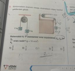 9
eri serbe
Darsa
Vve
2. Sürtünmelerin önemsiz olduğu düzeneklerin düşey kesitleri
şekillerdeki gibidir.
ax
ay
A)
2 kg X
2|5
7 VENN
SERISI
Sistemdeki X, Y cisimlerinin ivme büyüklükleri a,, a, ise
oranı nedir? (g = 10 m/s²)
B)
19
3 kg
1|2
C) 1
F = 30 N
D) A
22
5013
B
2 kg
ve
50
1
4. Sürtün
2
den çif
Sekil 2
çekiliy
52
Sis
tar
A)
E 2 A
