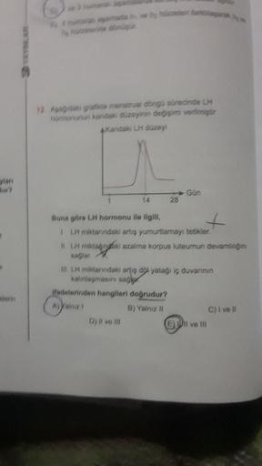 mlerin
E, 4
ve 3 numeran
hehuoneenne dönüşür.
12. Aşağıdako grafikte menstrual döngü sürecinde LH
hormonunun kandaki düzeyinin değişimi ventmiştir
Kandaki LH düzey
1
14
Buna göre LH hormonu ile ilgili,
ücretien fandiaga
LH miktarındaki artış yumurtlamayı t