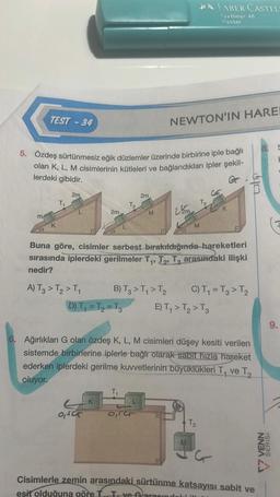 TEST-34
m
5. Özdeş sürtünmesiz eğik düzlemler üzerinde birbirine iple bağlı
olan K, L, M cisimlerinin kütleleri ve bağlandıkları ipler şekil-
lerdeki gibidir.
Gr
K
2m
A) T3 > T₂ > T₁
2m
D) T₁=T₂=T3
9,565
K
2m
M
B) T3 > T₁ > T₂
6,56
NEWTON'IN HARE
Buna göre, cisimler serbest bırakıldığında hareketleri
sırasında iplerdeki gerilmeler T₁, T₂, T3 arasındaki ilişki
PROFFERING
nedir?
M
T3
M
FABER CASTEL
Textline: 46
Pastel
E) T₁ > T₂ > T3
C
6. Ağırlıkları G olan özdeş K, L, M cisimleri düşey kesiti verilen
sistemde birbirlerine iplerle bağlı olarak sabit hızla hareket
ederken iplerdeki gerilme kuvvetlerinin büyüklükleri T₁ ve T₂
oluyor.
T₂.
K
C) T₁=T3 > T₂
Cisimlerle zemin arasındaki sürtünme katsayısı sabit ve
esit olduğuna göre T. T. ye arasın
8. S
9.
7 VENN
SERISI