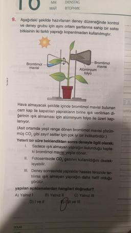 j
TO
9. Aşağıdaki şekilde hazırlanan deney düzeneğinde kontrol
ve deney grubu için aynı ortam şartlarına sahip bir saksı
bitkisinin iki farklı yaprağı koparılmadan kullanılmıştır.
Bromtimol
mavisi
MAI
MAŽ
DOLAR
DIENSTAG
BТOPHÈK
MARK
Hava almayacak şekilde içinde bromtimol mavisi bulunan
cam kap ile kapatılan yaprakların birine ışık verilirken di-
ğerinin ışık almaması için alüminyum folyo ile üzeri kap-
lanıyor.
Alüminyum
folyo
(Asit ortamda yeşil renge dönen bromtimol mavisi çözün-
müş CO₂ gibi zayıf asitler için çok iyi bir indikatördür.)
Yeterli bir süre beklendikten sonra deneyle ilgili olarak;
1. Sadece ışık almayan yaprağın bulunduğu kapta-
ki bromtimol mavisi yeşile döner.
II. Fotosentezde CO₂ gazının kullanıldığını destek-
leyebilir.
III. Deney sonrasında yapraklar hassas terazide tar-
tılırsa ışık almayan yaprağın daha hafif olduğu
görülür.
yapılan açıklamalardan hangileri doğrudur?
A) Yalnız 1
B) Yalnız II
C) Yalnız III
D) I ve II
Bromtimol
mavisi
EXII ve III
SA