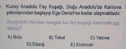 Kuzey Anadolu Fay Kuşağı, Doğu Anadolu'da Karliova
yakınlarından başlayıp Ege Denizi'ne kadar ulaşmaktadır.
Aşağıdaki illerden hangisi bu fay kuşağı üzerinde yer
almaz?
A) Bolu
D) Elazığ
B) Tokat
C) Yalova
E) Erzincan