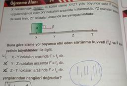 kuwver
arasın
Oğrenme Alanı
X noktasındaki durgun m kütleli cisme XYZT yolu boyunca sabit F
uygulandığında cisim XY noktaları arasında hızlanmakta, YZ noktaları a
da sabit hızlı, ZT noktaları arasında ise yavaşlamaktadır.
M
X
Y
Z
X - Y noktaları arasında F > f dir.
XY-Z noktaları arasında F = f, dir.
XZ-T noktaları arasında F <f, dir.
yargılarından hangileri doğrudur?
T
Buna göre cisme yol boyunca etki eden sürtünme kuvveti (f) ve F kuv
yetinin büyüklükleri ile ilgili,
yetinir
(1,14,11)