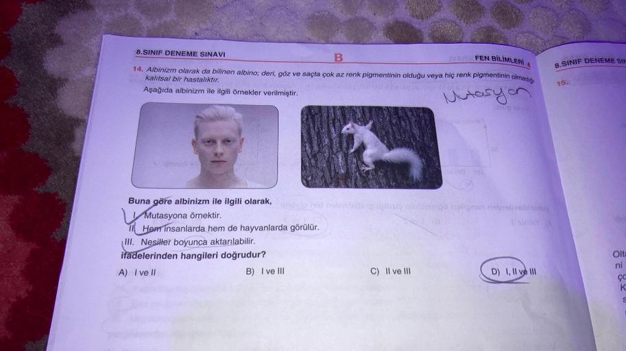 8.SINIF DENEME SINAVI
B
IVANK FEN BİLİMLERİ
14. Albinizm olarak da bilinen albino; deri, göz ve saçta çok az renk pigmentinin olduğu veya hiç renk pigmentinin olmadığı
kalıtsal bir hastalıktır.
Ants is whet
Mutasyon
ette att
Aşağıda albinizm ile ilgili örn