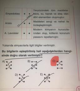 Empedokles
Aristo
A. Lavoisier
A)
Yukarıda simyacılarla ilgili bilgiler verilmiştir.
Bu bilgilerin eşleştirilmiş hali aşağıdakilerden hangi-
sinde doğru olarak verilmiştir?
X
D)
Yeryüzündeki tüm maddeler
hava, su, toprak ve ateş olan
dört elementten oluşmuştur.
Maddeleri sevgi ve nefret ile
özdeşleştirmiştir.
B)
Modern kimyanın kurucula-
rından olup, kütlenin korunum
yasasını ispatlamıştır.