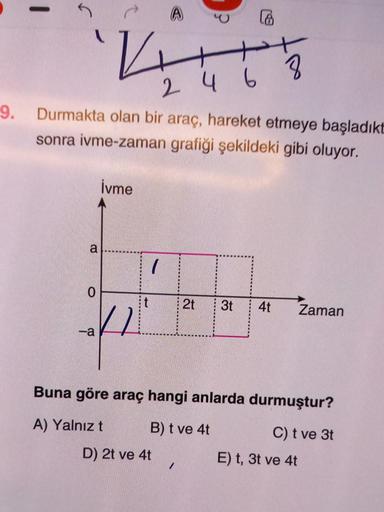 |
2468
9. Durmakta olan bir araç, hareket etmeye başladıkt
sonra ivme-zaman grafiği şekildeki gibi oluyor.
a
-a
İvme
22
(
P
D) 2t ve 4t
2t 3t 4t Zaman
Buna göre araç hangi anlarda durmuştur?
A) Yalnız t
B) t ve 4t
C) t ve 3t
E) t, 3t ve 4t