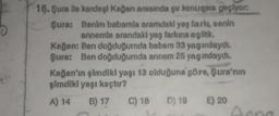 16. Şura ile kardeşi Kağan arasında şu konuşma geçiyor:
Şura: Benim babamla aramdakl yaş farkı, senin
annemle arandaki yaş farkına eşittir.
Kağan: Ben doğduğumda babam 33 yaşındaydı.
Şura: Ben doğduğumda annem 25 yaşındaydı.
Kağan'ın şimdiki yaşı 13 olduğuna göre, Şura'nın
şimdiki yaşı kaçtır?
A) 14
B) 17
C) 18
D) 19 E) 20
Anna