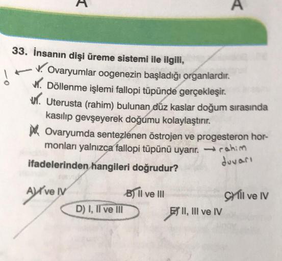 A
33. İnsanın dişi üreme sistemi ile ilgili,
!
Ovaryumlar oogenezin başladığı organlardır.
✓. Döllenme işlemi fallopi tüpünde gerçekleşir.
Uterusta (rahim) bulunan düz kaslar doğum sırasında
kasılıp gevşeyerek doğumu kolaylaştırır.
've IV
Ovaryumda sentezl