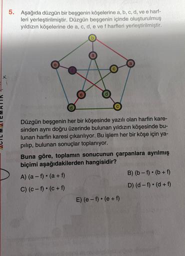 5. Aşağıda düzgün bir beşgenin köşelerine a, b, c, d, ve e harf-
leri yerleştirilmiştir. Düzgün beşgenin içinde oluşturulmuş
yıldızın köşelerine de a, c, d, e ve f harfleri yerleştirilmiştir.
Düzgün beşgenin her bir köşesinde yazılı olan harfin kare-
sinde