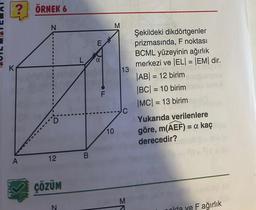 ? ÖRNEK 6
A
N
12
ÇÖZÜM
B
E
a
F
LL
10
M
13
C
M
Şekildeki dikdörtgenler
prizmasında, F noktası
BCML yüzeyinin ağırlık
merkezi ve |EL| = |EM| dir.
|AB| = 12 birim
|BC| = 10 birim
|MC| = 13 birim
Yukarıda verilenlere
göre, m(AEF) = a kaç
derecedir?
okta ve F ağırlık