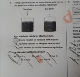 5. Özdeş kaplarda bulunan saf suların üzerine sofra tuzu ve
çay şekeri ilave edilerek sulu çözeltiler hazırlanıyor.
Sofra tuzu
Çay şekeri
Aynı koşullarda hazırlanan çözeltilerle ilgili,
1. Donma noktaları saf suya göre daha düşüktür.
Kaynama noktaları saf suya göre daha yüksektir.
Basit damıtma yöntemiyle bileşenlerine ayrılabilirler.
yargılarından hangileri doğrudur?
A) Yaz I
D) II ve III
B ve Il
E) I, Ive III
I ve III
6. Tabloda
I, II, III, I
Katyon
Buna g
tamame
tileriyle
A)
I. bill
B
II. b
C) I ve
I ve
SHE
E) III.