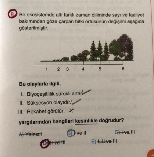 8 Bir ekosistemde altı farklı zaman diliminde sayı ve faaliyet
bakımından göze çarpan bitki örtüsünün değişimi aşağıda
gösterilmiştir.
1 2 3
4
Ht ve ti
5
Bu olaylarla ilgili,
1. Biyoçeşitlilik sürekli artar
II. Süksesyon olayıdır.
III. Rekabet görülür. X
y