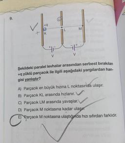 9.
f
+q
K
F
M
at
Şekildeki paralel levhalar arasından serbest bırakılan
+q yüklü parçacık ile ilgili aşağıdaki yargılardan han-
gisi yanlıştır?
A) Parçacık en büyük hızına L noktasında ulaşır.
B) Parçacık KL arasında hızlanır.
C) Parçacık LM arasında yavaşlar.
D) Parçacık M noktasına kadar ulaşır.
E) Parçacık M noktasına ulaştığında hızı sıfırdan farklıdır.