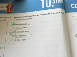 nez
tatik den-
urlar bu-
sur-
9.
Aşağıda verilen oluşumlardan hangisinde epirojenik hare-
ketler etkili olmuştur?
A) Kiy-taraçaları
B) Peri-basaları
C) Irmak adacıkları
D) Dev kazanılan
E) Boğaz vadiler
olipid
CL
11. Y