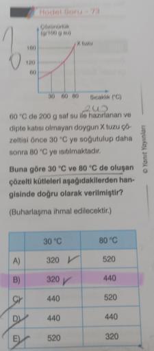 A)
B)
Gr
160
30 60 80 Sıcaklık (°C)
263
60 °C de 200 g saf su ile hazırlanan ve
dipte katısı olmayan doygun X tuzu çö-
zeltisi önce 30 °C ye soğutulup daha
sonra 80 °C ye ısıtılmaktadır.
D
60
Buna göre 30 °C ve 80 °C de oluşan
çözelti kütleleri aşağıdakile