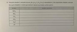 5. Periyodik cetvelde 2. periyotta bulunan 4Be, 5B, 6C, 7N, 8O ve F elementlerinin H ile oluşturdukları bileşikler verilmiştir.
Buna göre bileşiklerin molekül geometrilerini tabloda boş bırakılan yerlere yazınız.
Molekül
BeH₂
BH3
CH4
NH3
H₂O
HF
Molekül Geometrisi