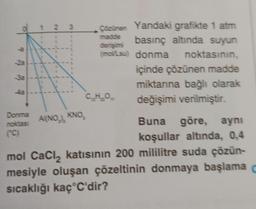 4a
1
1
1
1
W
----
1
1
1
1
1
23
Donma
noktası AI(NO), KNO,
(C)
Çözünen Yandaki grafikte 1 atm
madde
basınç altında suyun
derişimi
(mol/Lsu) donma noktasının,
içinde çözünen madde
miktarına bağlı olarak
değişimi verilmiştir.
Buna göre, aynı
koşullar altında, 0,4
mol CaCl₂ katısının 200 mililitre suda çözün-
mesiyle oluşan çözeltinin donmaya başlama c
sıcaklığı kaç C'dir?