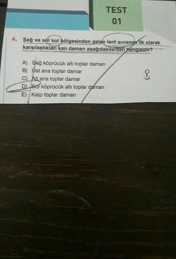 4. Sağ ve sol kol bölgesinden gelen lenf Sivisin ilk olarak
karşılaştıkları kan damarı aşağıdakilerden hangisidir?
A) Sağ köprücük altı toplar damarı
B) Ust ana toplar damar
C) Alt ana toplar damar
TEST
01
D) Sol köprücük altı toplar damarı
E) Kalp toplar