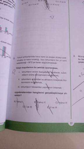 yıllara go
hi gosteren sütu
deki gibi olur?
Dişi-Erkek sayıs
yıl
-Erkek sayıs
2. yıl
eçiniz
A) I ve II
B) III ve
D) I, II ve IV
2. Tohum ambarlarında hava nemi ve oksijen düzeyi azal-
tilmakta ve hava sıcaklığı, bazı tohumların bin yıl canlı
kalabileceği -