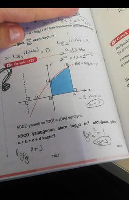 =6
)=a-log₂ (x+b) fonksiyonunun grafigi verilmiş
Ina
Inb
(12+b)
göre,
oranı kaçtır?
a-lasa
DÖrnek - 127
-3:
O
logg
O
1082
29-2=1
112+6)=9
9-12 +b
29=12+29-2
-f(x) = log₂ (x + b)
126.1
B
A
X
- 3+6=0
ABCD yamuk ve |DO| = |OA| veriliyor.
ABCD yamuğunun alanı loged br2 olduğuna göre,
a+b+c+d kaçtır?
X+3
log
3
d
DÖrnek
Radyoak
Bu süre
Yarala
bozur
127.24
B
d