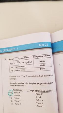 AL DEĞİŞİMLER-I
9.
Madde
O, ile tepkimesi
X+ 13-0₂ + 4CO2+5H₂0
X(s)
Y(g) Tepkime vermez
Z(g) Tepkime vermez
Yukarıda arı X, Y ve Z maddelerinin bazı özellikleri
verilmiştir.
E)
Test-25
Buna göre hangileri yakıt, hangileri yangın söndürücü
olarak kullanılabilir?
Yakıt olarak
A) Yalnız X
B) Yalnız X
C)
Yalnız X
D)
Yalnız Y
Yalnız Y
Havaya göre özkütlesi
Büyük
Küçük
Büyük
Yangın söndürücü olarak
Yalnız Z
Y ve Z
Yalnız Y
Yalnız Z
Yalnız X