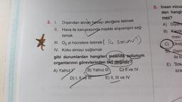 2. 1. Dışarıdan alınan havayı akciğere iletmek
II.
Hava ile kan arasında madde alışverişini sağ-
lamak
III. O₂ yi hücrelere iletmek ( salumu?)
IV. Koku almayı sağlamak
gibi durumlardan hangileri insanda solunum
organlarının görevlerinden biri değildir?
A) Yalnız
B) Yalnız III CHII ve IV
E) II, III ve IV
D) I, II ve II
5. İnsan vücuc
dan hangis
mez?
A) Diyara
B) Kanda
ması
C) Oksij
D Dam
ile ka
E) Sott
aza