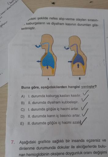 (boi
totesi olan histidu
plover.
A
Jidaki şekilde nefes alıp-verme olayları sırasın-
kaburgaların ve diyafram kasının durumları gös-
terilmiştir.
Buna göre, aşağıdakilerden hangisi yanlıştır?
A) 1. durumda kaburga kasları kasılır.
B) II. durumda diyafram k