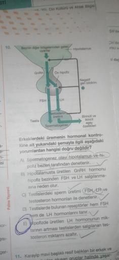 STI
3-
n-
isi
10.
Palme Yayınevi
mor-
gisi-
ger-
**.90 Din Kültürü ve Ahlak Bilgisi
Beynin diğer bölgelerinden gelen,
uyarilar
GnRH
Testis
Ön hipofiz
FSH LH
Testosteron
Üretimi
Spermatogenez
Hipotalamus
Negatif
geri bildirim
Birincil ve
ikincil
eşey
özelli