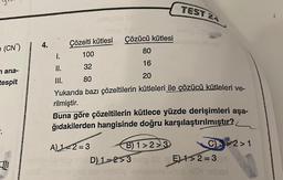 (CN)
nana-
tespit
4.
TEST 24
Çözelti kütlesi
Çözücü kütlesi
100
80
32
16
80
20
Yukarıda bazı çözeltilerin kütleleri ile çözücü kütleleri ve-
rilmiştir.
I.
II.
III.
Buna göre çözeltilerin kütlece yüzde derişimleri aşa-
ğıdakilerden hangisinde doğru karşılaştırılmıştır?
C32>1
A) 142=3
B) 1>2-3
les opleD) 1-2>3rung DSE) 1>2=3DX
Toving Des lauminüsog Amenabile
PARA