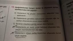 çin yan-
di
en ge-
10. Aşağıdakilerden hangisi destan ile efsanenin ayrılan
özelliklerinden biri değildir?
A) Destanların ilk çıkışları manzumdur, efsaneler nesir
şeklindedir.
B) Destanlarda genellikle kahramanlık unsurları ağır ba-
sarken efsanelerde durum böyle değildir.
C) İki türün meydana geldiği zaman dilimi farklıdır.
Destanlarda yer aşağı yukarı belliyken efsaneler bilin-
meyen memleketlerden söz eder.
E) Destanların kökeni tarihe, dayanırken efsanede durum
böyle değildir.
1. Aşağıd
maz?
A) O
B) B
E)