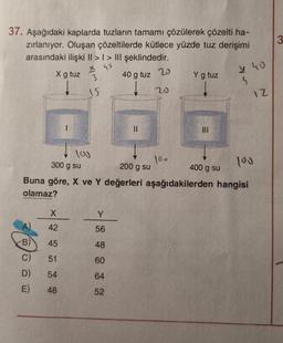 37. Aşağıdaki kaplarda tuzların tamamı çözülerek çözelti ha-
zırlanıyor. Oluşan çözeltilerde kütlece yüzde tuz derişimi
arasındaki ilişki II >> III şeklindedir.
x 45
X g tuz
40 g tuz 20
X
A) 42
B) 45
C) 51
BCDE
15
D) 54
E) 48
100
11
100
300 g su
200 g su
Buna göre, X ve Y değerleri aşağıdakilerden hangisi
olamaz?
Y
56
48
60
64
52
20
Y g tuz
100
y 40
S
400 g su
IZ
3