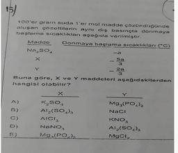 15)
100'er gram suda 1'er mol madde çözündüğünde
oluşan çözeltilerin aynı dış basınçta donmaya
başlama sıcaklıkları aşağıda verilmiştir.
Madde
Na,so
B)
C)
D)
E)
Donmaya başlama sıcaklıkları (°C)
-
K, SO
Al₂(SO4)3
AICI 3
NaNO₂
Mg(PO)
-
-a
5a
3
Buna göre, X ve Y maddeleri aşağıdakilerden
hangisi olabilir?
2a
3
Y
Mg3(PO4)2
NaCl
KNO3
Al₂(SO4)3
MgCi,