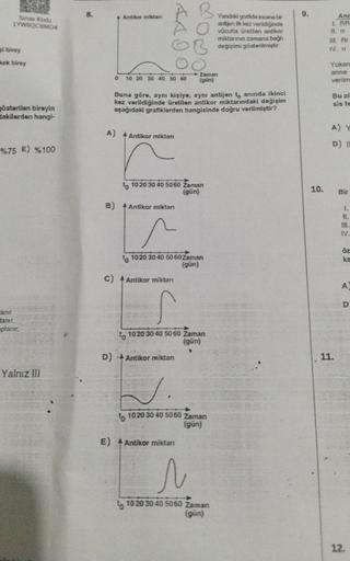 Sınav Kodu
1YW6QCBM04
si birey
kek birey
gösterilen bireyin
dakilerden hangi-
%75 E) %100
lanır.
tanır.
planır.
Yalnız III
8.
4 Antikor miktarı
0 10 20 30 40 50 60
A) Antikor miktan
E)
Buna göre, aynı kişiye, aynı antijen to anında ikinci
kez verildiğinde 