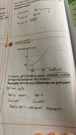 Unmüş-
de kaç
den m
the from
/benimhocam
52
25°C 200 g su ile
dığında doygun hâle gelebi
Buna göre a kaçtır?
200 8 Su
ÖRNEK SORU
(100 g su
80-a= 30 a=50
a
(80-9₁)
Çözünürlük (g/100 g su)
80-
603 tuz
Lekling
20
Sıcaklık (°C)
X tuzunun 60°C'de 300 g doygun çözeltisinin sıcaklığ
20°C'ye düşürüldüğünde 120 g X çöküyor.
Buna göre, 60°C'de tuzun çözünürlüğü kaç g/100 g'dır?
6120°℃
60
3005 cozelti
1203 X
(a +100)
(a-80) x
300 (a-80) = 120C 100+0) 0=200gram
H₂O
H₂
H
F