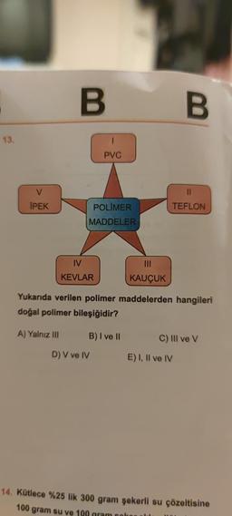 13.
V
İPEK
B B
POLIMER
MADDELER
IV
KEVLAR
PVC
B) I ve II
D) V ve IV
|||
KAUÇUK
Yukarıda verilen polimer maddelerden hangileri
doğal polimer bileşiğidir?
A) Yalnız III
11
TEFLON
C) III ve V
E) I, II ve IV
14. Kütlece %25 lik 300 gram şekerli su çözeltisine
100 gram su ve 100 gram coko