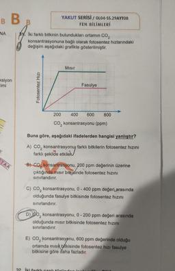 BBB
NA
ksiyon
cimi
TAA
31. Iki farklı bitkinin bulundukları ortamın CO₂
konsantrasyonuna bağlı olarak fotosentez hızlarındaki
değişim aşağıdaki grafikte gösterilmiştir.
Fotosentez Hızı
YAKUT SERİSİ / OL04-SS.29AYT08
FEN BİLİMLERİ
D)
Mısır
Fasulye
Buna göre, aşağıdaki ifadelerden hangisi yanlıştır?
A) CO₂ konsantrasyonu farklı bitkilerin fotosentez hızını
farklı şekilde etkilek
200
400 600 800
CO₂ konsantrasyonu (ppm)
B) CO₂ konsantrasyonu, 200 ppm değerinin üzerine
çıktığında mısır bitkisinde fotosentez hızını
sınırlandırır.
C) CO₂ konsantrasyonu, 0-400 ppm değeri arasında
olduğunda fasulye bitkisinde fotosentez hızını
sınırlandırır.
32. İki farklı can
konsantrasyonu, 0-200 ppm değeri arasında
2
olduğunda mısır bitkisinde fotosentez hızını
sınırlandırır.
E) CO₂ konsantrasyonu, 600 ppm değerinde olduğu
ortamda mısık bitkisinde fotosentez hızı fasulye
bitkisine göre daha fazladır.