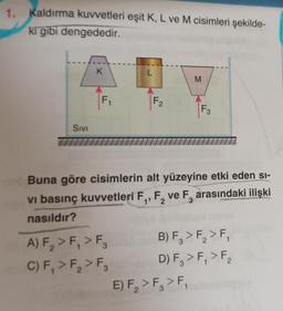 1. Kaldırma kuvvetleri eşit K, L ve M cisimleri şekilde-
ki gibi dengededir.
SIVI
K
F₁
L
A) F₂ > F₁ > F3
2
C) F₁ > F₂ > F3
F₂
2
M
Buna göre cisimlerin alt yüzeyine etki eden si-
vi basınç kuvvetleri F₁, F, ve F arasındaki ilişki
nasıldır?
2
F3
B) F₂ > F₂ > F₁
3
2
E) F₂ > F₁ > F₁
2
3
D) F₂ > F₁ > F₂
3
2