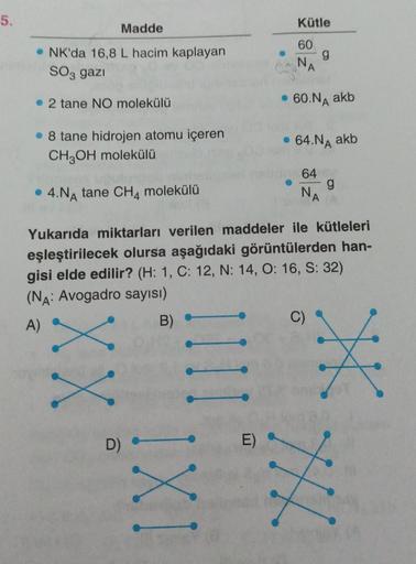 5.
Madde
NK'da 16,8 L hacim kaplayan
SO3 gazi
2 tane NO molekülü
8 tane hidrojen atomu içeren
CH3OH molekülü
4.NA tane CH4 molekülü
XX
D)
IXI
Kütle
60
E)
• 60.NA akb
64.NA akb
Yukarıda miktarları verilen maddeler ile kütleleri
eşleştirilecek olursa aşağıda