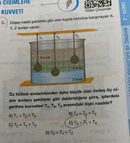 ACISIMLERE
KUVVETİ
T₁
3. Düşey kesiti şekildeki gibi olan kapta birbirine karışmayan X,
Y, Z sıvıları vardır.
X SIVISI
T₂
T3
Y SIVISI
Z SIVISI
DX
Video Çözümler
E) T3 > T₁ = T₂
Öz kütlesi sıvılarınkinden daha büyük olan özdeş üç ci-
sim sıvılara şekildeki gibi daldırıldığına göre, iplerdeki
arasındaki ilişki nasıldır?
gerilme kuvvetleri T₁, T2,
A) T₁ > T₂ > T3
C) T₂ > T₁ > T3
B) T₁ T3 > T₂
D) T3 >1 > T₂
ÜNİTE-2
BASINÇ VE KALDIRMA