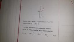 7.
Şekilde grafiği verilen y = f(x) fonksiyonunun mini-
mum noktası (a - 1,2a) dır.
B)--
2a
y = -f(x) fonksiyonunun maksimum noktası
(2-a, b) olduğuna göre, a + b toplamı kaçtır?
A) - 4
C) -2
3
a-1
2
D).
1
E) 2