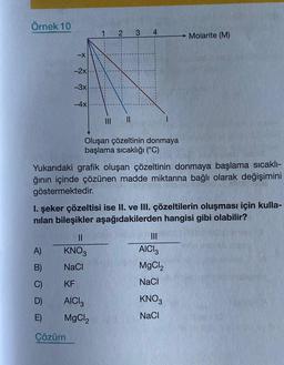 Örnek 10
-X
-2x
-3x
A)
B)
C)
D)
E)
Çözüm
-4x
1
|||
||
KNO3
NaCl
KF
AICI
MgCl,
2
3
4
Oluşan çözeltinin donmaya
başlama sıcaklığı (°C)
Yukarıdaki grafik oluşan çözeltinin donmaya başlama sıcaklı-
ğının içinde çözünen madde miktarına bağlı olarak değişimini
göstermektedir.
I. şeker çözeltisi ise II. ve III. çözeltilerin oluşması için kulla-
nılan bileşikler aşağıdakilerden hangisi gibi olabilir?
Molarite (M)
AICI 3
MgCl,
NaCl
KNO3
NaCl