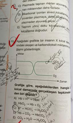 bolizma
nda
globinden
Dilecek
2₂
min kısmi
(mmHg)
okula-
ksije-
glob
do-
chir.
nda
obin
ni-
3-
Palme Yayınevi
1
Macred
etters
yo barome
Stey orter
?
nan miktarından daha fazladır.
C) Plazmada taşınan miktarı alyuvarda
D) Bikarbonat iyonları alveol kılcallarında
yuvardan plazmaya, doku kilcallarında
plazmadan alyuvara geçer
E) Taşınım yönü doku kılcallarından
kılcallarına doğrudur.
den
dame
To Aşağdaki
10 Aşağıdaki grafikte bir insanın X kılcal
nındaki oksijen ve karbondioksit miktarının de
ğişimi gösterilmiştir.
Miktar
A) Hb+ H+ → HbH
B) HbO2
→ Hb + O₂
acting
CO2
Zaman
Grafiğe göre, aşağıdakilerden hangisi X
kılcal damarında gerçekleşen tepkimeler
den biri değildir?
"alw
quies
ok
02
(C) H+ + HCO3 → H₂Co/
D) Hb + CO2 → HbCO,
E) CO₂ + H₂O → H₂CO3