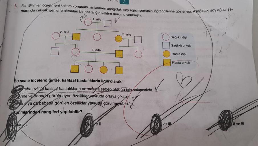 .
1. Fen Bilimleri öğretmeni kalıtım konusunu anlatırken aşağıdaki soy ağacı şemasını öğrencilerine gösteriyor. Aşağıdaki soy ağacı şe-
masında çekinik genlerle aktarılan bir hastalığın kalıtım durumu verilmiştir.
1. aile
2. aile
alnız II
4. aile
Bu şema i