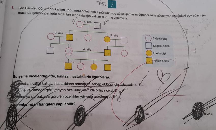 stir.
Test 7
1. Fen Bilimleri öğretmeni kalıtım konusunu anlatırken aşağıdaki soy ağacı şemasını öğrencilerine gösteriyor. Aşağıdaki soy ağacı şe-
masında çekinik genlerle aktarılan bir hastalığın kalıtım durumu verilmiştir.
1. aile
En
2. aile
Malnız II
4.