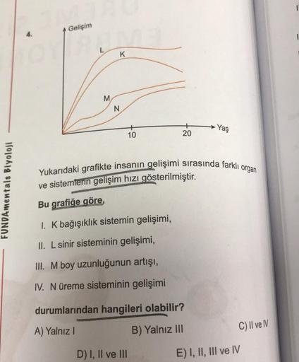 FUNDAmentals Biyoloji
Gelişim
AL
M
K
N
10
20
D) I, II ve III
Yukarıdaki grafikte insanın gelişimi sırasında farklı
ve sistemlerin gelişim hızı gösterilmiştir.
Bu grafiğe göre,
1. K bağışıklık sistemin gelişimi,
II. L sinir sisteminin gelişimi,
III. M boy u