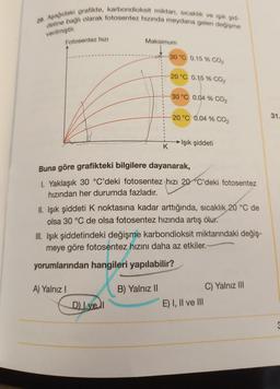 29. Aşağıdaki grafikte, karbondioksit miktarı, sıcaklık ve ışık şid-
detine bağlı olarak fotosentez hızında meydana gelen değişme
verilmiştir.
Fotosentez hızı
Maksimum
A) Yalnız I
K
D) I vel
30 °C 0.15 % CO₂
20 °C 0.15 % CO₂
B) Yalnız II
30 °C 0.04 % CO₂
Buna göre grafikteki bilgilere dayanarak,
1. Yaklaşık 30 °C'deki fotosentez hızı 20 °C'deki fotosentez
hızından her durumda fazladır.
20 °C 0.04 % CO₂
II. Işık şiddeti K noktasına kadar arttığında, sıcaklık 20 °C de
olsa 30 °C de olsa fotosentez hızında artış olur.
Işık şiddeti
III. Işık şiddetindeki değişme karbondioksit miktarındaki değiş-
meye göre fotosentez hızını daha az etkiler.
yorumlarından hangileri yapılabilir?
E) I, II ve III
C) Yalnız III
31.
3