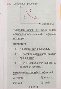 7
35. Çözünürlük (g/100 g su)
We
Sıcaklık (°C)
Yukarıdaki grafik bir tuzun sudaki
çözünürlüğünün sıcaklıkla değişimini
gösteriyor.
NEA
B
Buna göre,
1.
II.
III.
C
A çözeltisi aşırı doygundur.
SEBANY
B çözeltisi soğutulursa doygun
hale gelebilir.
B ve C çözeltilerinin kütlece %
derişimleri farklıdır.
yargılarından hangileri doğrudur?
A) Yalnız I
B) Yalnız II
C) I ve III
D) I ve II
E) II ve III