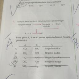 1
7. Aşağıda kemosentezin genel denklemi gösterilmiştir.
Inorganik Madde -
en çok hangi organel daha fazla öneme sahiptir?
A) I
B) III
C) II
D) IV E) V
A)
B)
C)
A + B
Buna göre A, B ve C yerine aşağıdakilerden hangisi
gelmelidir?
E)
A
CO₂
CO₂
H₂
CO₂
CO
Inorganik + Enerji
yan ürün
B
H₂O
H₂S
H₂O
H₂O
H₂
C
Organik madde
Organik madde
Inorganik madde
İnorganik madde
Organik madde
10
8