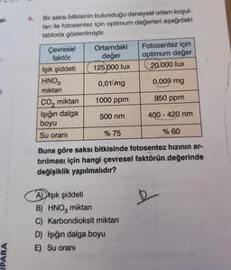 al-
1
UPARA
F
4.
Bir saksı bitkisinin bulunduğu deneysel ortam koşul-
ları ile fotosentez için optimum değerleri aşağıdaki
tabloda gösterilmiştir.
Çevresel
faktör
Işık şiddeti
HNO3
miktarı
CO₂ miktarı
Işığın dalga
boyu
Su oranı
Ortamdaki
değer
125.000 lux
0,01 mg
1000 ppm
500 nm
Fotosentez için
optimum değer
20.000 lux
Aşık şiddeti
B) HNO3 miktarı
C) Karbondioksit miktarı
D) Işığın dalga boyu
E) Su oranı
0,009 mg
950 ppm
400-420 nm
% 75
Buna göre saksı bitkisinde fotosentez hızının ar-
tırılması için hangi çevresel faktörün değerinde
değişiklik yapılmalıdır?
% 60