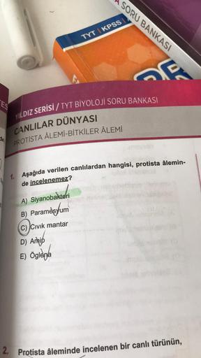 ES
TYT KPSS
A) Siyanobakteri
B) Paramesyum
C) Civik mantar
SORU BANKASI
YILDIZ SERİSİ/ TYT BİYOLOJİ SORU BANKASI
CANLILAR DÜNYASI
PROTISTA ÂLEMİ-BİTKİLER ÂLEMİ
D) Amip
E) Öglena
E
1. Aşağıda verilen canlılardan hangisi, protista âlemin-
de incelenemez?
2. 